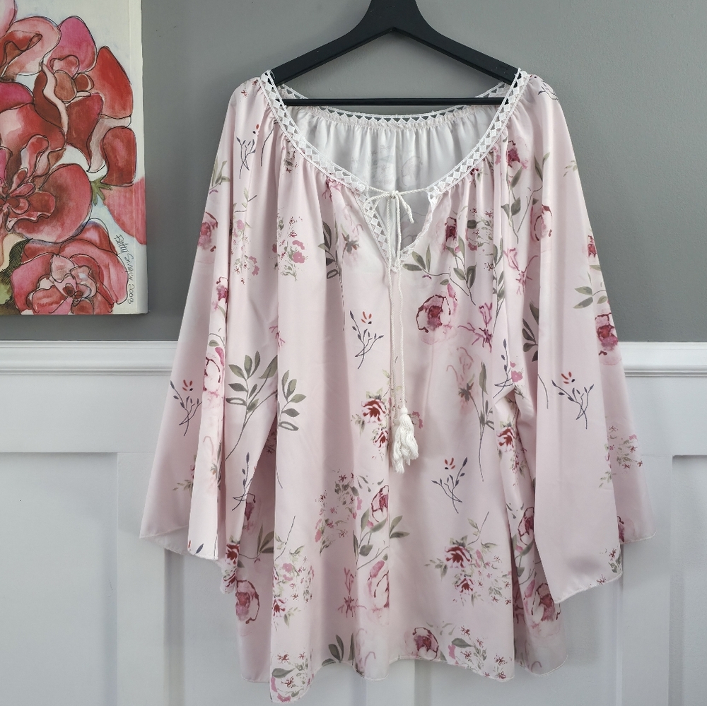 Boho Floral Print Blouse With Delicate Crochet Neckline - Size 5X
